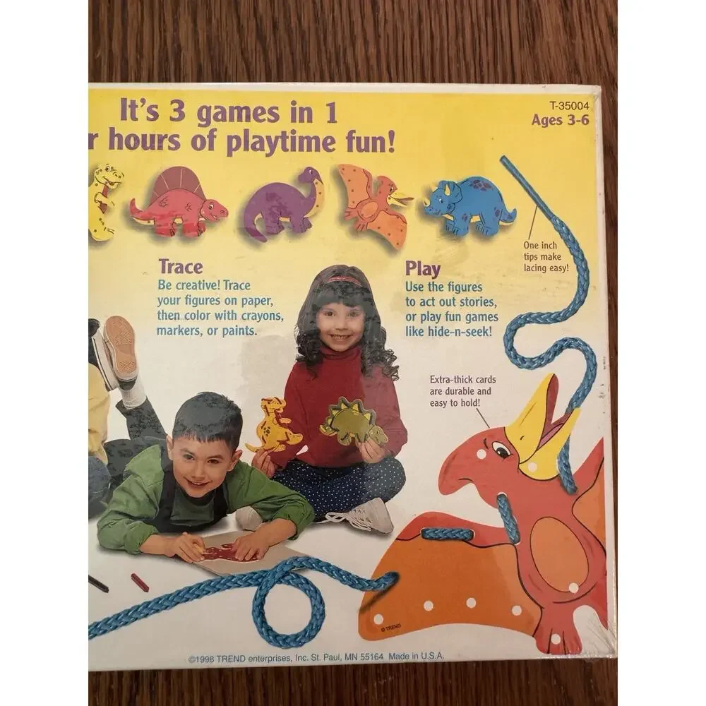 Prehistoric Pals Lace Trace n Play Dinosaurs 6 Lacing Cards Sewing 1998 NEW Toys